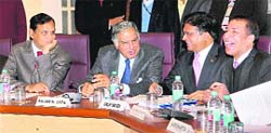 (L-R) Industrialists Venugopal Dhoot, Ratan N Tata, Diilip Modi and Rajan Bharti Mittal during a pre-budget consultation with Union Finance Minister Pranab Mukherjee (not in the Pix) in New Delhi on Tuesday.