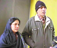 Sanjay with his second wife Anita outside the office of the Yamunanagar SP on Monday.