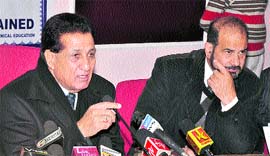 Minister for Medical and Technical Education RS Chib addresses mediapersons in Jammu on Tuesday.