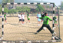 Aspirants take part in trials conducted by the Punjab Handball Association to select probables for the Junior National Handball Championship, in Ludhiana on Tuesday