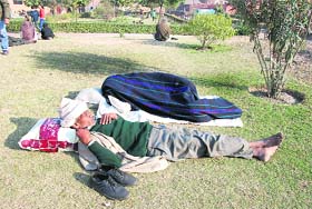 A man takes a nap in Bathinda on a sunny afternoon