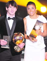 Messi (L) and Marta, winner of Mens and Women's Player of the Year, respectively, in Zurich