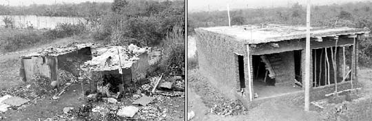 Scrap dealers shops; and (right) construction work going on near the boundary wall of airport in Pabhat village.