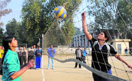 A volleyball match in progress during the three-day district-level panchayati raj sports competitions at Karan Stadium in Karnal