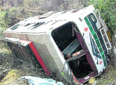 The bus which fell into a gorge at Panjar near Udhampur on Thursday.