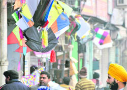 Kites on display outside shops in one of the busiest markets In Ludhiana