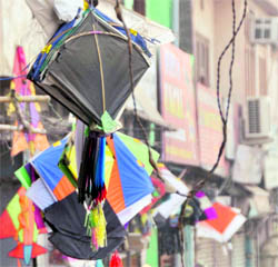 Kites on display outside shops in one of the busiest markets In Ludhiana