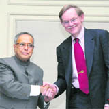 World Bank President Robert Zoelick with Finance Minister Pranab Mukherjee in New Delhi on Friday.