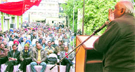 Chandeshwar Singh, general secretary of the National Federation of Telecom Employees, addresses a gathering in Ludhiana on Friday