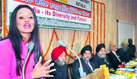 Canadian MP Ruby Dhalla at Punjabi University on Friday.