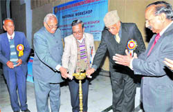 Uttarakhand Assembly Speaker Harbans Kapoor (second from left) and Dr Girijesh Pant, Vice-Chancellor, Doon University, inaugurate a national workshop at Pestle Weed College in Dehradun on Saturday