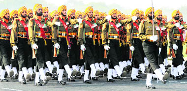 Sikh soldiers march past during the Army Day parade in New Delhi on Saturday.