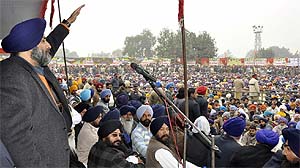 SAD (B) president and Deputy Chief Minister Sukhbir Singh Badal addresses a rally at Takhtupura in Moga district on Saturday. 