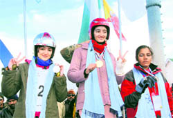 Winners with their medals at the SAF Winter Games at Auli in Chamoli district on Sunday