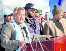 Uttarakhand Tourism Minister Madan Kaushik at the closing ceremony of the SAF Winter Games at Auli in Chamoli district on Sunday