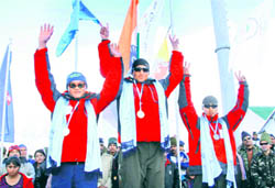 Winners with their medals at the SAF Winter Games at Auli in Chamoli district on Sunday