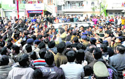 The crowd of people who had come to see Bollywood actress Karisma Kapoor in Haridwar on Sunday