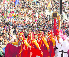 A traditional dance being performed by girls during the oath-taking ceremony of the panchayat pradhans and up-pradhans in Mandi on Sunday. 