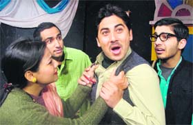 A scene from a play,  Kavita Ka Chakkar, staged at Natrangs Sunday Theatre in Jammu