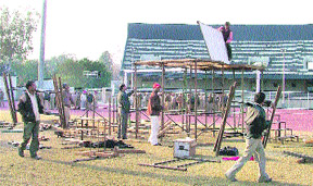 Stage being set up for a musical show to be held during the Canada-America Kabaddi Cup at Guru Nanak Stadium in Ludhiana on Sunday. 