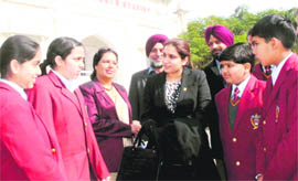 Honorary Ambassador of Philadelphia to India Kanika Choudhary interacts with students at Yadvindra Public School in Patiala on Monday.