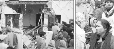 The damaged portion of the house where the LPG cylinder blast took place; and (right) the wife of Yashwant Singh, one of the injured, being consoled by a woman at Phase XI, Mohali, on Monday.