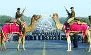 Camel-mounted BSF jawans make a gate like formation while rehearsing for the Beating Retreat ceremony at Vijay Chowk