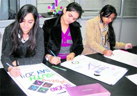 Girls make posters at a painting competition organised to mark the birth anniversary of Swami Vivekananda at Fashionista, a school of fashion technology, in Faridabad.
