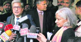 Two of the Centres interlocutors, Dileep Padgaonkar and Radha Kumar, talk to mediapersons in Jammu on Monday.