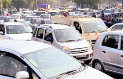 Vehicles caught in a traffic jam at Matka Chowk in Chandigarh on Tuesday