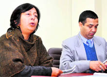 Prof Sadhna Naithani and TC Nautiyal address a press conference in Dehradun on Monday