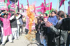 Workers of the Samajwadi Party burn an effigy of the UPA in Dehradun on Tuesday.