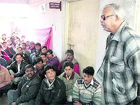 CPM MP Tapan Sen addresses the employees of Avalon Resort in Mussoorie on Tuesday.