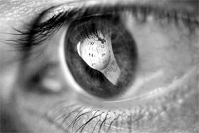 The Wikipedia logo reflected in an eye.