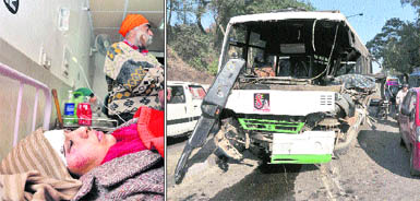 (From left) One of the injured in the bus mishap gets treatment at the GMCH in Jammu on Tuesday. The wreckage of the bus. 