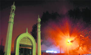 An illuminated view of a dargah near the Bagh-e-Bahu area in Jammu.