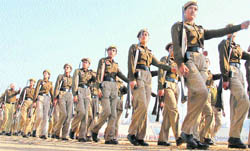 NCC girl cadets rehearse for the Republic Day celebrations at Guru Gobind Singh Stadium in Jalandhar