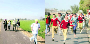 Fauja Singh runs the marathon along with other elderly persons in Bir Raoke village in Moga district and (right) youths take part in the event.