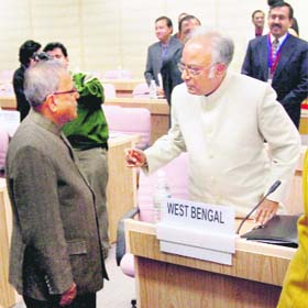 Union Finance Minister Pranab Mukherjee with West Bengal Finance Minister Asim Dasgupta during a pre-Budget meeting with Finance Ministers of States and Union Territories (with legislature) in New Delhi