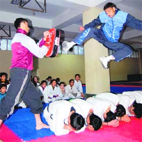 Students rehearse for Republic Day function at the Sports Complex in Shimla