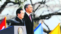 US President Barack Obama with his Chinese counterpart Hu Jintao at the White House. 