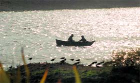 Youths enjoy a boat ride on a sunny day at Sukhna lake in Chandigarh.