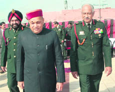Chief Minister PK Dhumal along with GOC-in-C Western Command Lt-Gen SR Ghosh (right) and Chief of Staff Western Command Lt-Gen MS Buttar (left) during the annual Civil Military Liaison Conference in Chandimandir on Thursday.