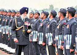 Marshal of the Indian Air Force Arjan Singh, DFC, inspects a guard of honour on his visit to the Air Force Station, Jammu, on Thursday