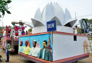 The Delhi state tableau for the Republic Day Parade during a press preview in New Delhi on Friday.