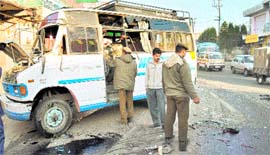 The wreckage of the minibus which overturned at Janipur in Jammu on Friday.