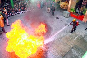 Firemen fight the flames at Dogra Higher Secondary School in Jammu on Friday.
