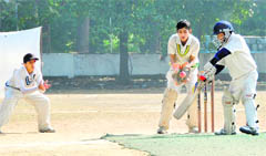 A batsman tries to cut the ball in a match of the 25th Banke Lal Shah Memorial Under-15 Cricket Tournament in Dehradun