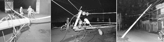 Electric poles were uprooted after power cables got entangled with a truck driven by a drunken driver at Kakowal village near Ludhiana.