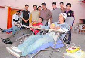 Volunteers donate blood at a camp organised by the ABVP on the Subhas Chandra Bose jayanti in Dehradun